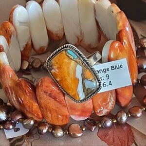 Orange Spiny Kingman Dahlia In Sterling Silver Ring ~ Size 9